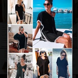 Swimsuit coverup, size XS/S. black with white Pom poms